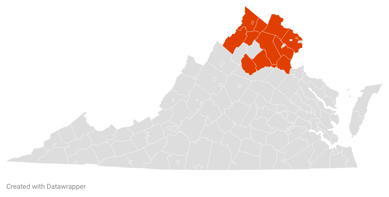 Skyline Construction & Homes Northern Virginia roofing service area map showing coverage in Fairfax, Arlington, Loudoun and surrounding counties
